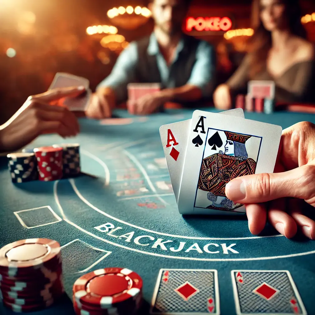 Hand holding cards at a blackjack table