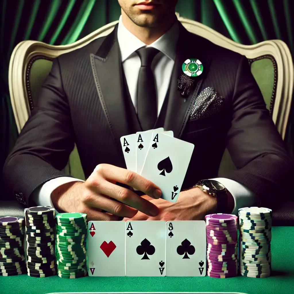 Person holding four aces and poker chips.