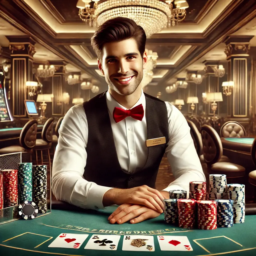 Smiling casino dealer with poker chips and cards