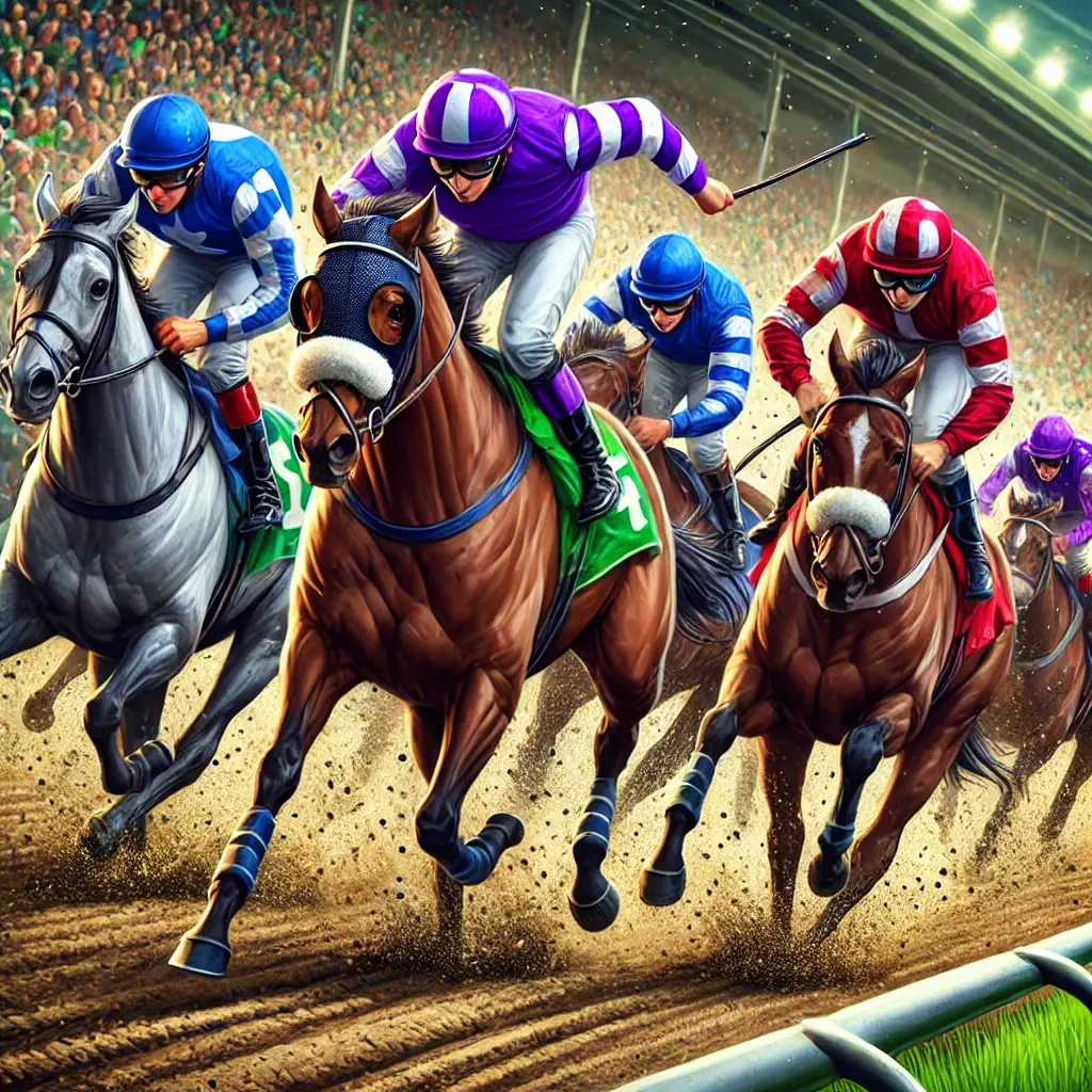 Intense horse race with jockeys competing.
