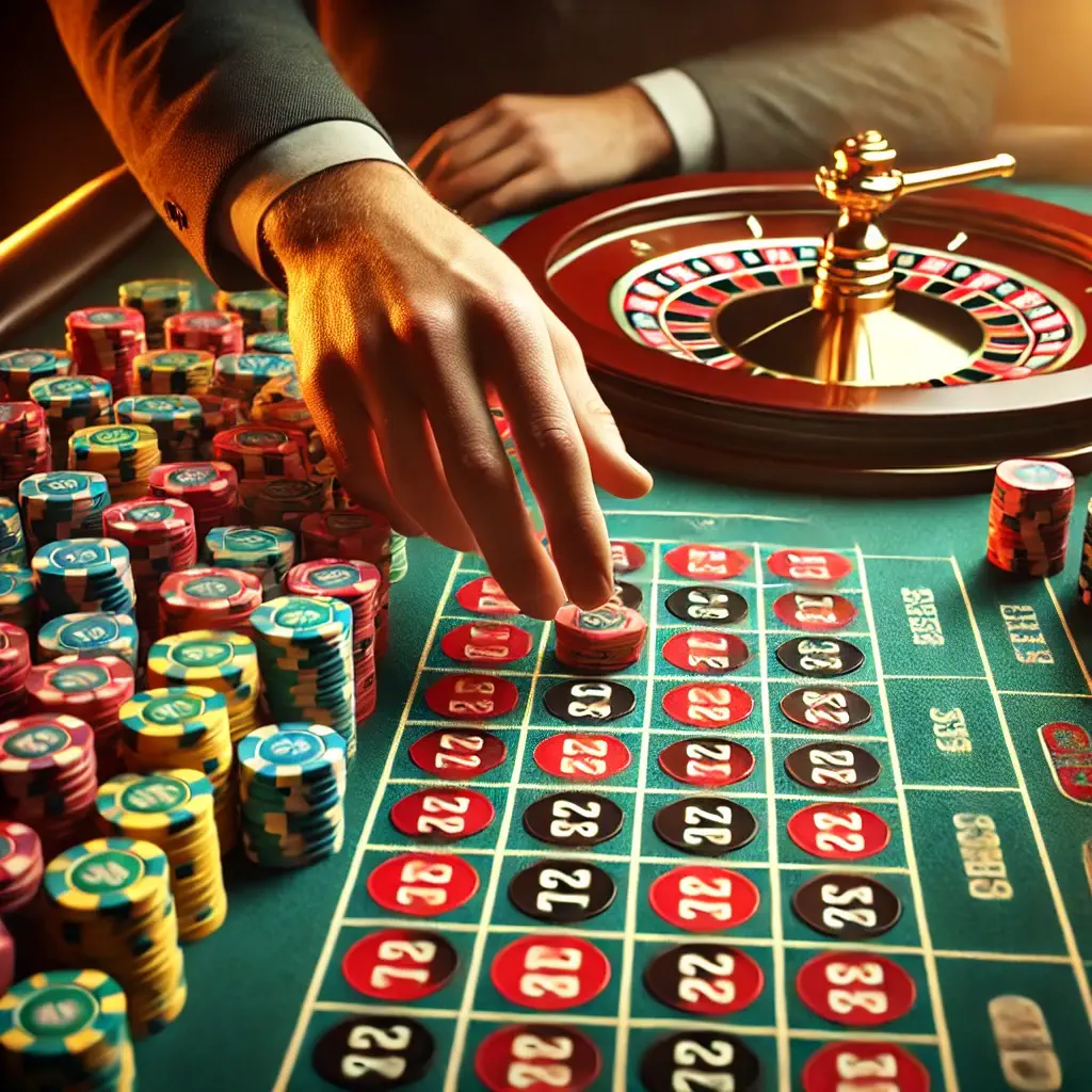 Hand placing chip on roulette table, colorful chips stacked