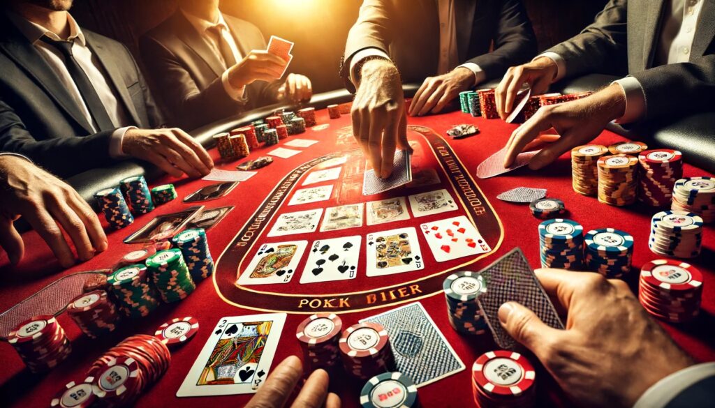 Casino poker game on red table with players