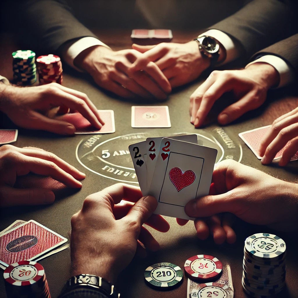 Casino poker table with chips and cards.