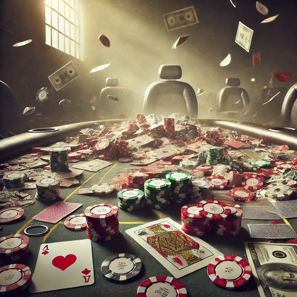 Poker table with scattered chips and cards.