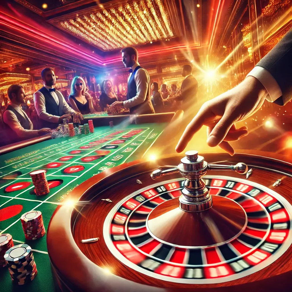 Casino scene with roulette table and people.