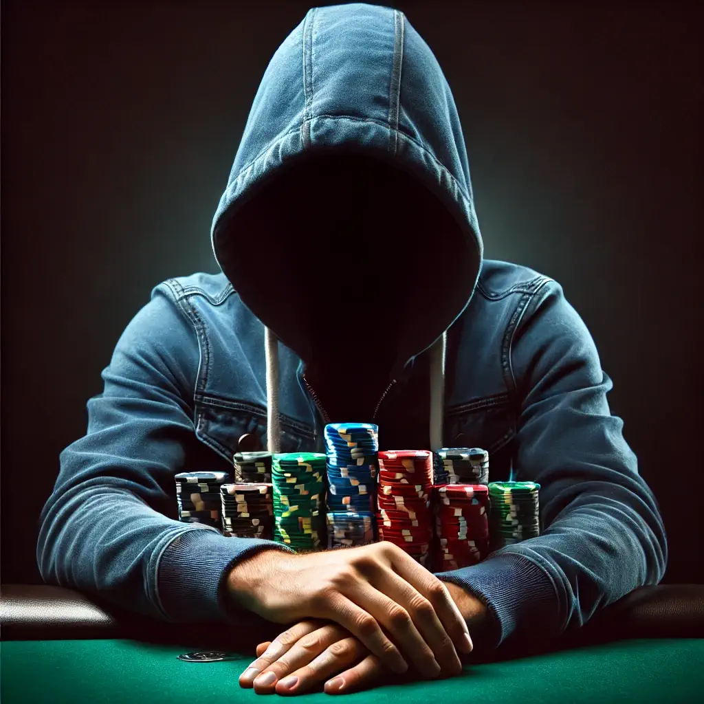 Person in hoodie with poker chips at a casino table