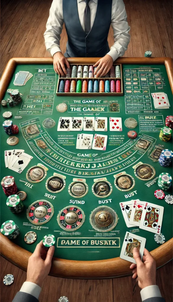 Casino table with various card games and poker chips