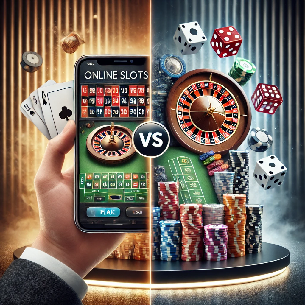 Online slots versus live casino games with roulette and chips