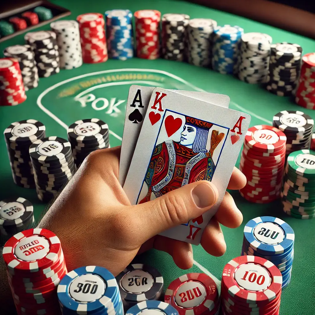 Hand holding ace and king poker cards with poker chips on table