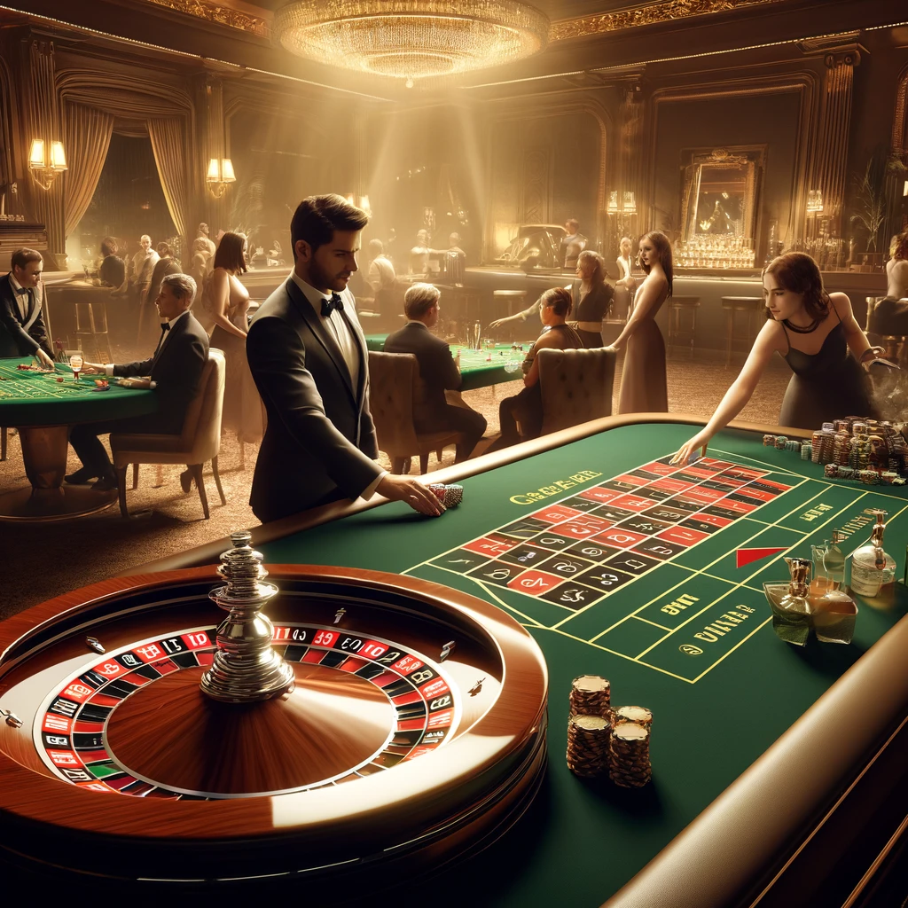 Elegant casino with people playing roulette and other games