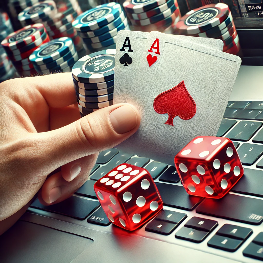 Hand holding poker cards over laptop keyboard with poker chips and dice