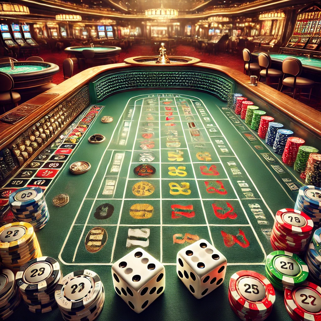 Casino game scene with various gaming tables and element