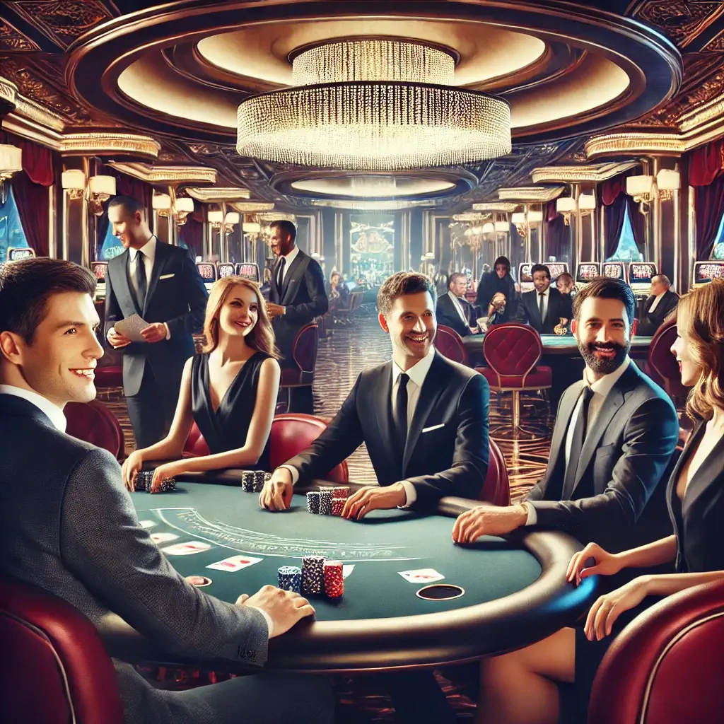 Elegant people playing poker in a luxurious casino.