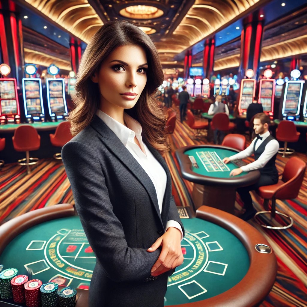 Female casino pit boss with players