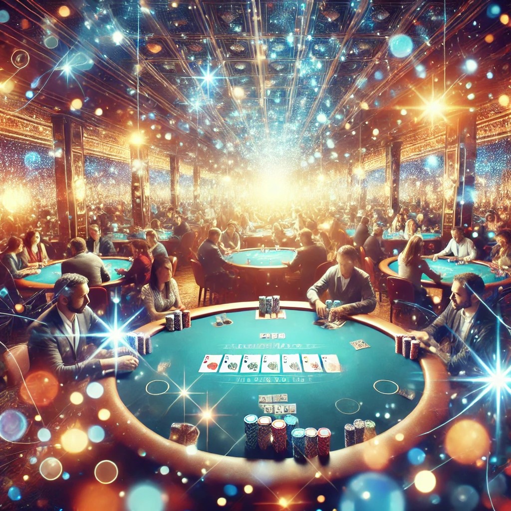 People playing multi-table tournaments in a casino