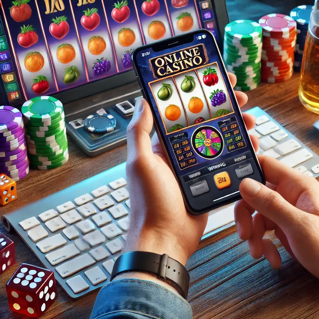 Person playing online casino game on smartphone