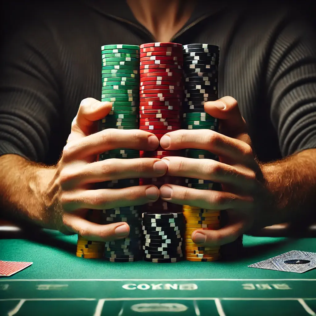 Person holding stacks of poker chips at a casino table