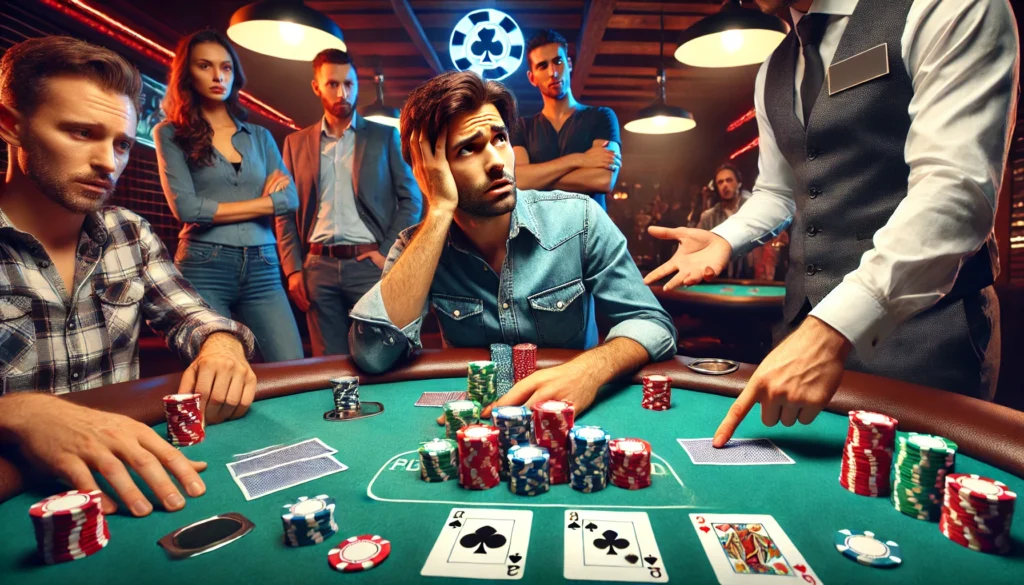 Poker player accidentally mucking a winning hand during a Texas Hold'em game in a casino.