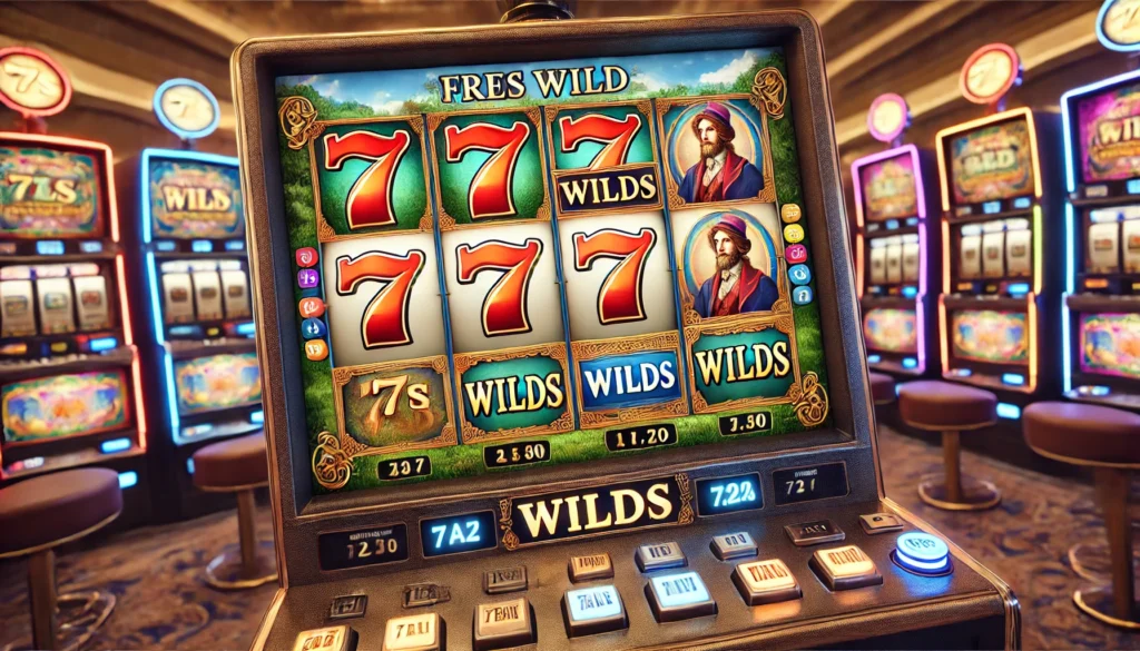 Close-up of the 7s Wild Free Slots machine showing a winning combination with colorful 7s and wilds.