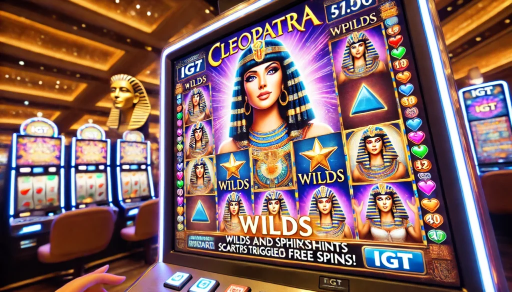 Close-up of a Cleopatra slot machine showing a winning combination with Cleopatra wilds and Sphinx scatters.