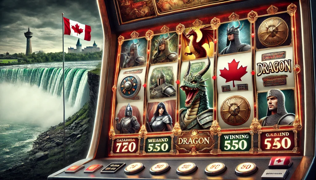 Close-up of a Dragon-themed slot machine showing a winning combination with symbols like dragons, treasure chests, and knights.