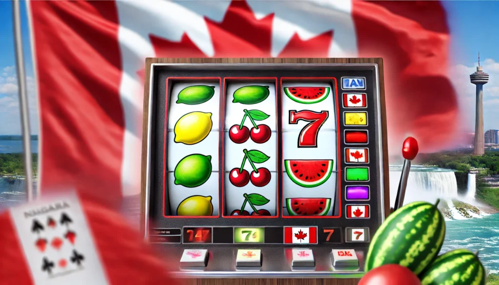 Close-up of a fruit slot machine showing a winning combination with cherries, lemons, and lucky sevens.