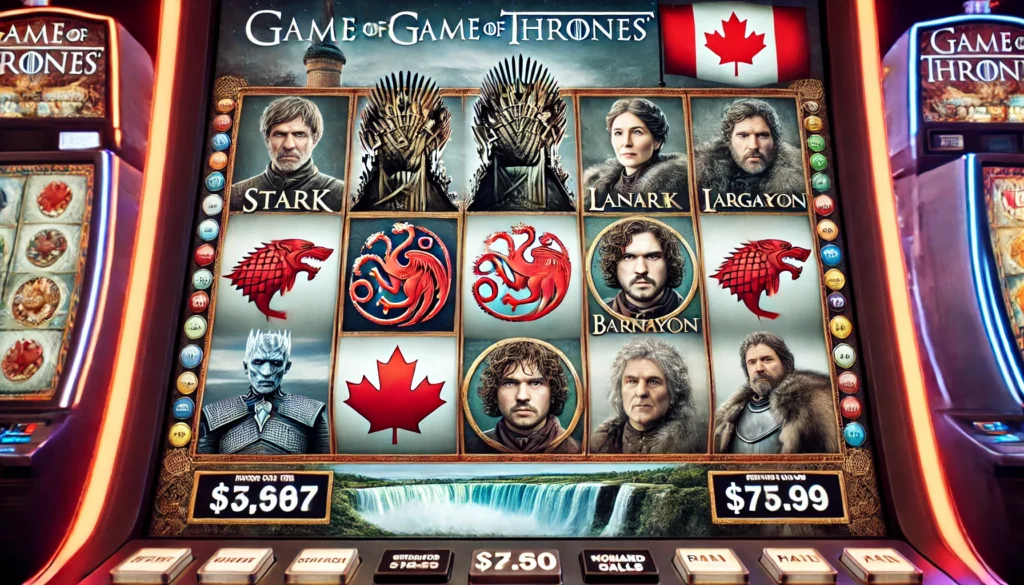 Close-up of a Game of Thrones slot machine showing the Iron Throne and house sigils of Stark, Lannister, Baratheon, and Targaryen.