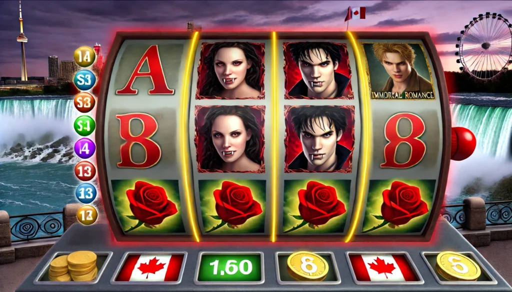 Close-up of the Immortal Romance slot game screen with vampires, roses, and the characters Amber, Troy, Michael, and Sarah.