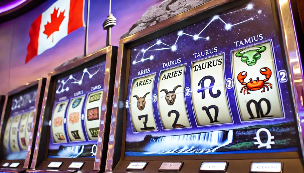 Close-up of a Zodiac-themed slot machine showing spinning reels with zodiac symbols like Aries, Taurus, and Gemini.