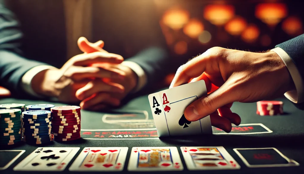 A close-up of a blackjack table showing a soft hand of Ace and 6, with players considering their next move.