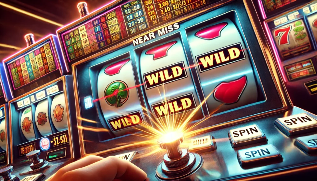 A close-up of a slot machine's spinning reels showing a near miss with two matching symbols and a wild.