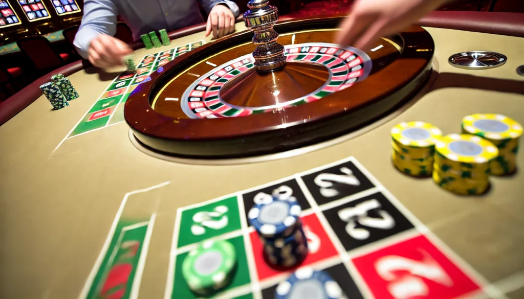 A close-up of a roulette table showing chips placed on inside and outside bets, with the roulette wheel spinning in the background.