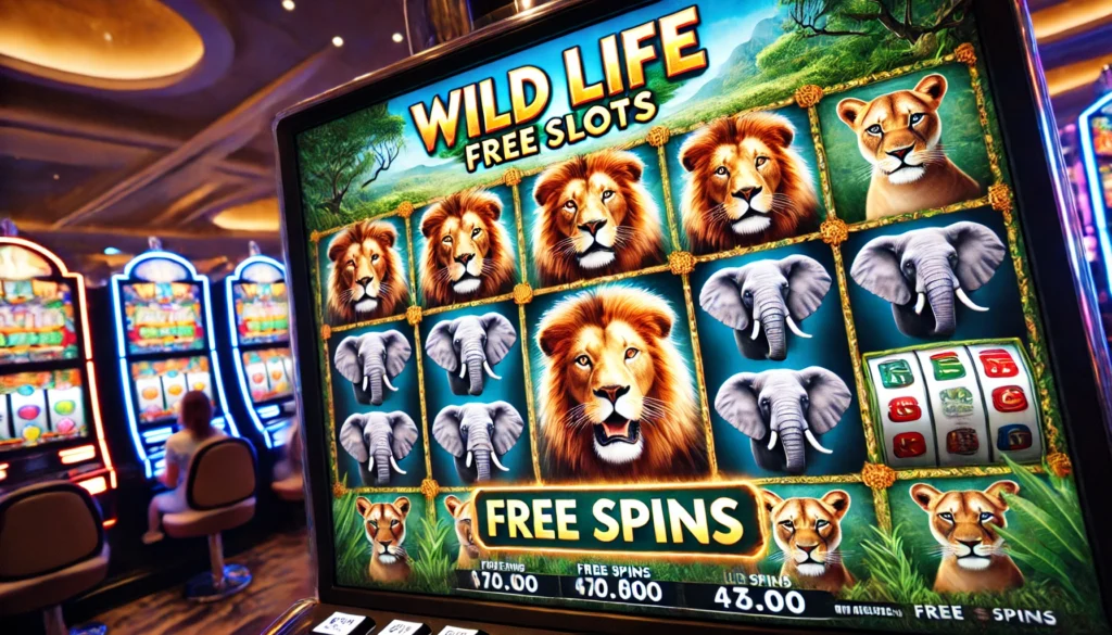 Close-up of a winning combination with lions and elephants on a Wild Life Free Slots machine, highlighting the free spins feature.