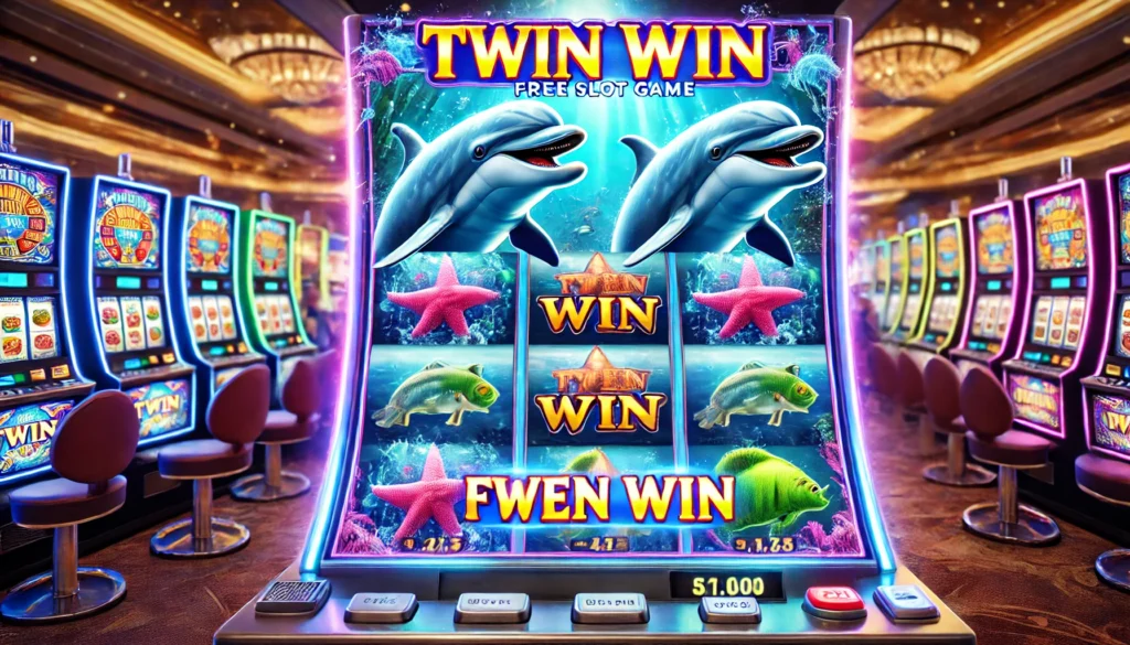 Close-up of a Twin Win Free Slot machine screen showing a winning combination with dolphins and fish symbols.