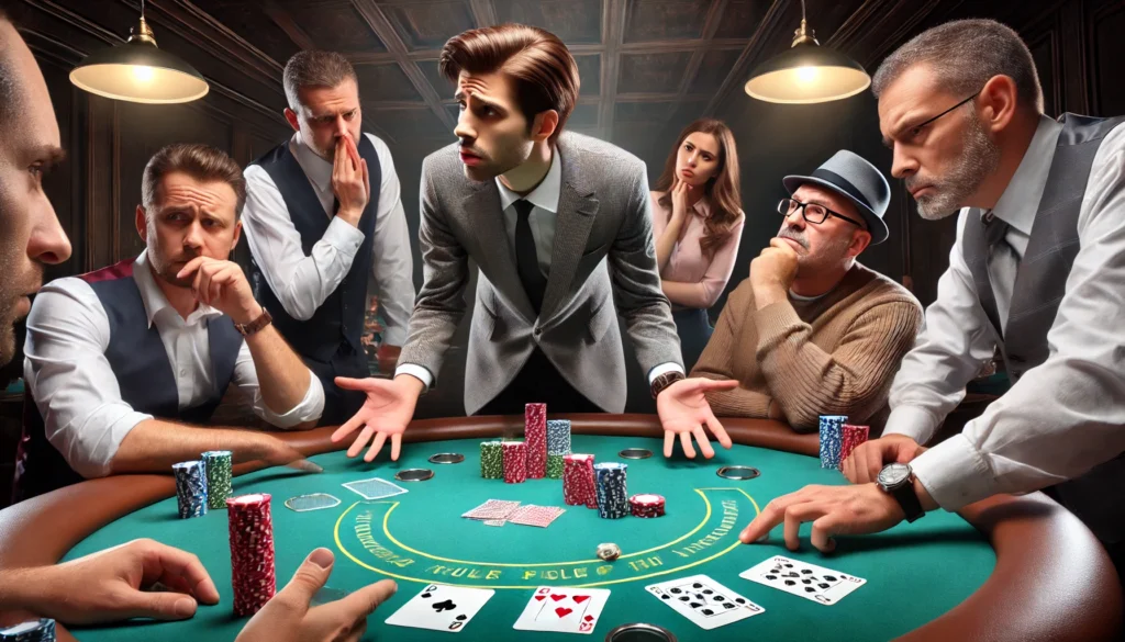 Poker player placing a string bet at a Texas Hold'em table, leading to a rule violation.