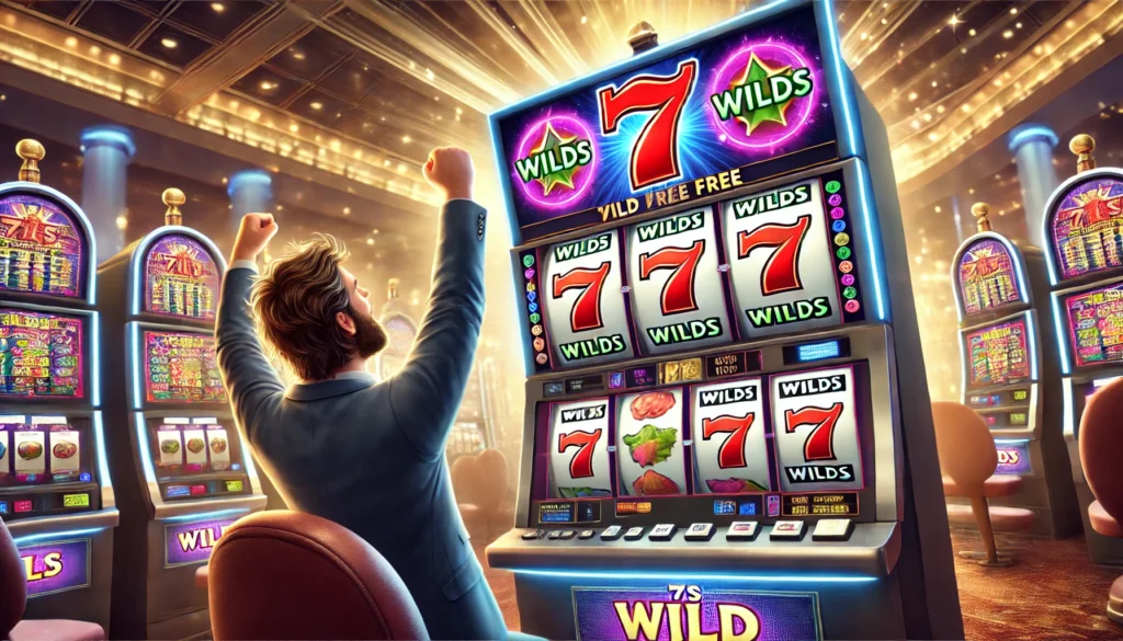 Player celebrating a big win on the 7s Wild Free Slots machine with colorful 7 symbols and wilds.