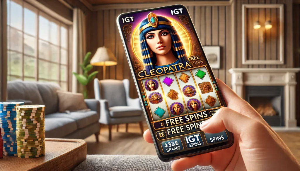 A player using a smartphone to play Cleopatra slot games from IGT, showing free spins in action.