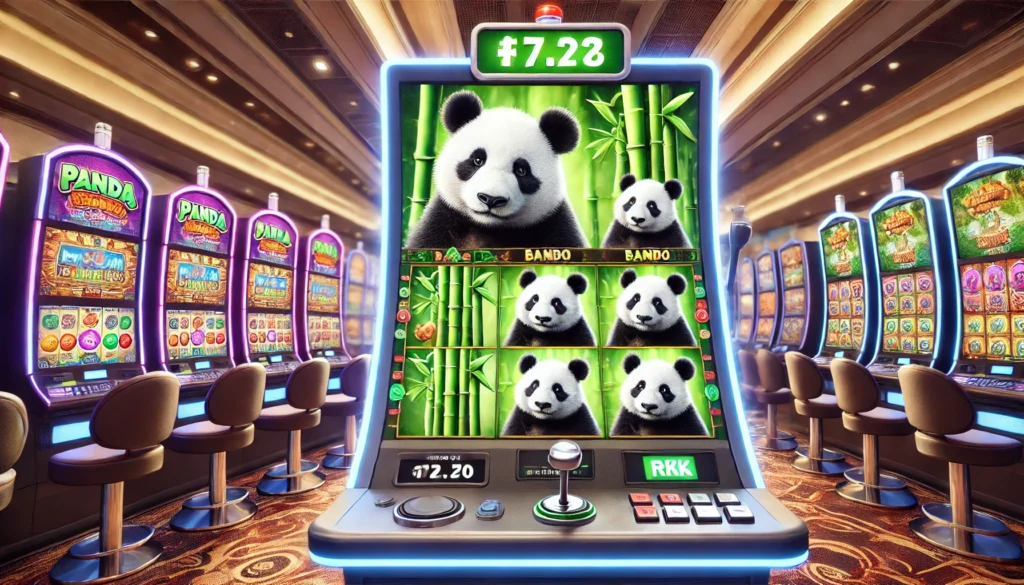 Panda-themed slot machine in a casino, featuring pandas and bamboo symbols on the reels.