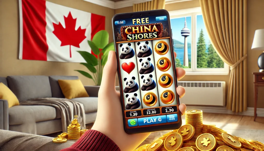 A player using a smartphone to play the free China Shores slot game with pandas and yin-yang symbols.