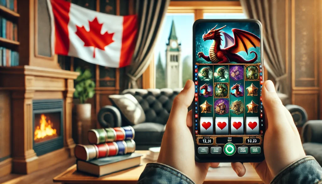 A player using a smartphone to play Dragon-themed slot games with dragons and treasure chests on the screen.