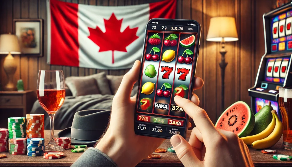 A player using a smartphone to play a fruit-themed slot game with cherries, lemons, and watermelons on the screen.