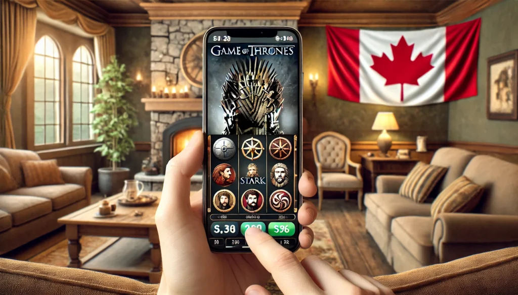 A player using a smartphone to play the Game of Thrones slot game with symbols like the Iron Throne and house sigils of Stark, Lannister, and Targaryen.