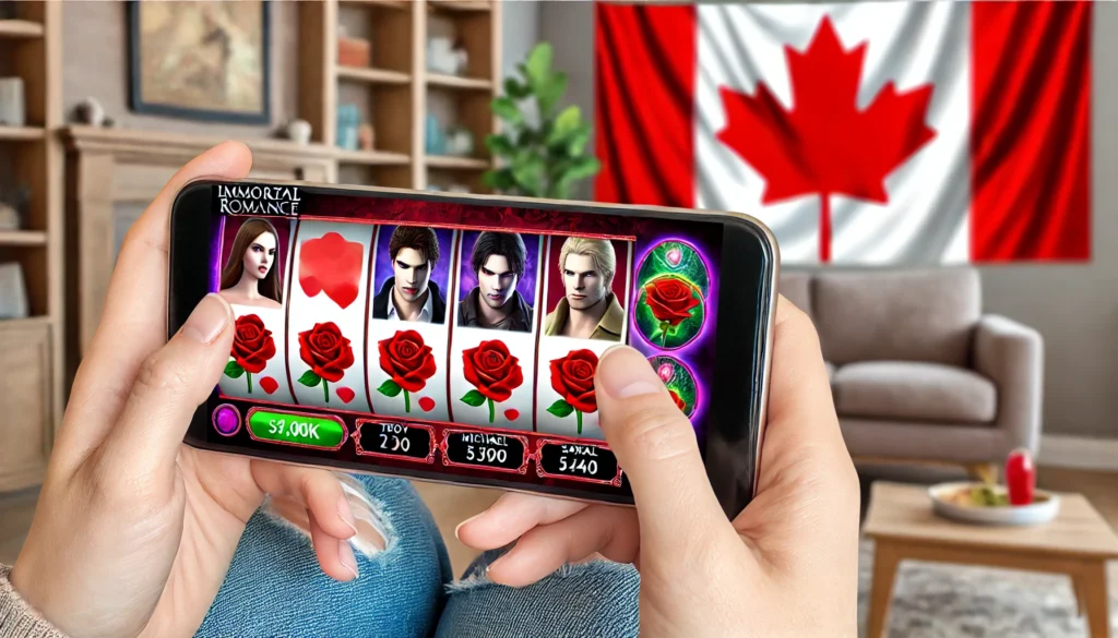 A player using a smartphone to play the Immortal Romance slot game with symbols of vampires, roses, and main characters.