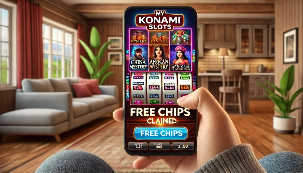 My Konami Slots app on a smartphone showing slot games and free chips being claimed.