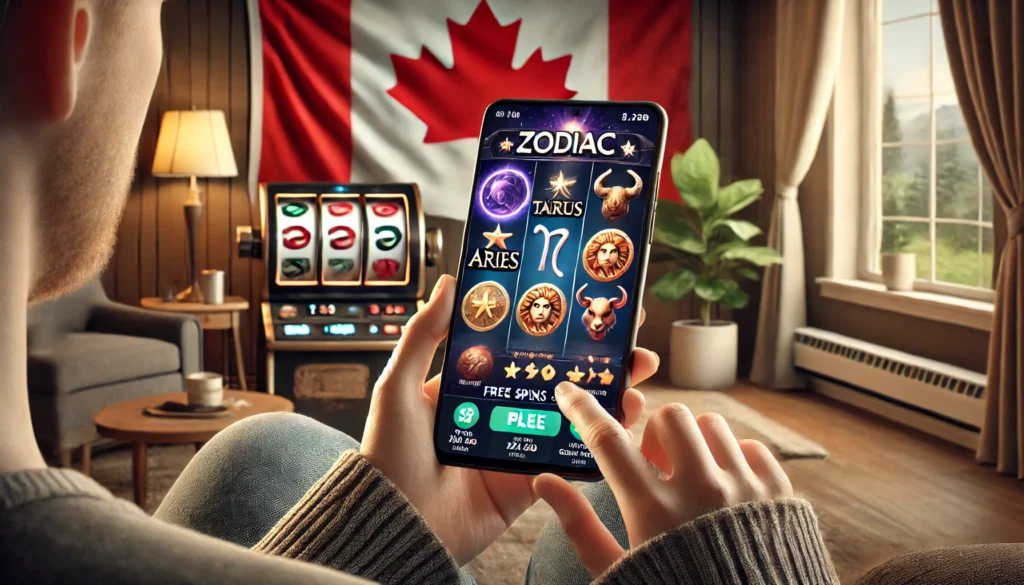 A player using a smartphone to play Zodiac-themed slots with zodiac symbols and free spin rewards.