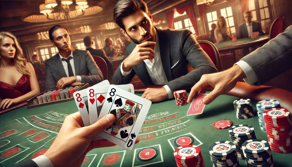 Two blackjack players deciding whether to split their cards, with the dealer showing a 6.