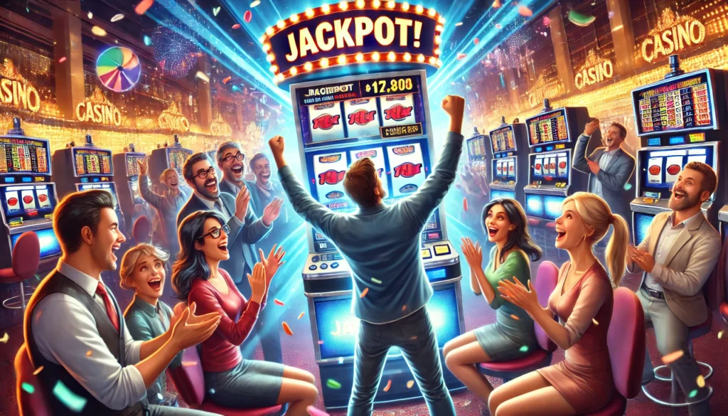 A group of slot players celebrating after hitting a jackpot on a progressive slot machine.