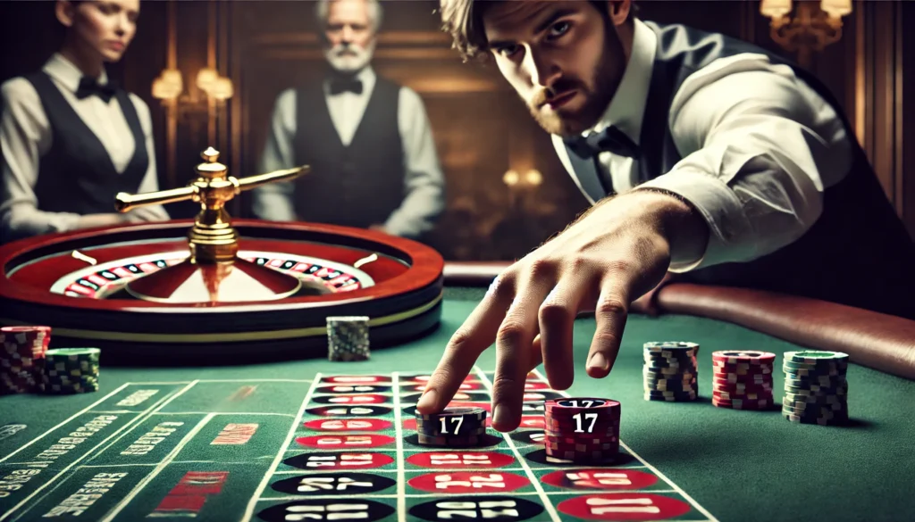 A roulette player placing a straight-up bet on the number 17, with the croupier watching closely.