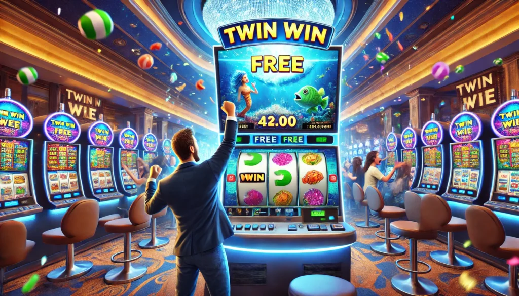 Player celebrating a massive jackpot win on the Twin Win Free Slot machine with ocean-themed symbols.