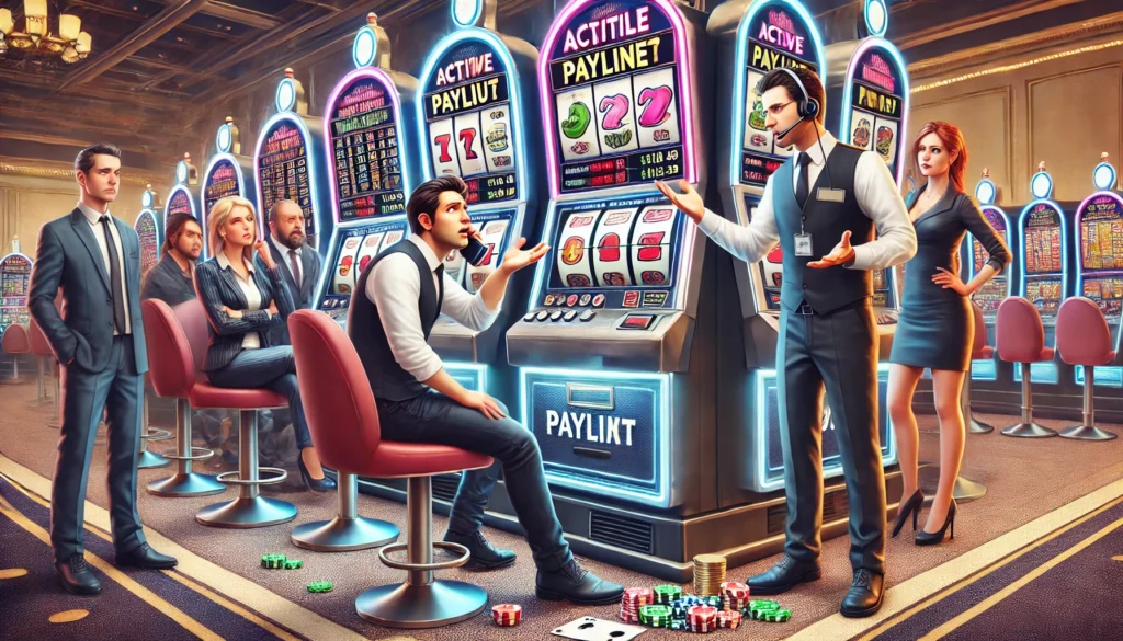 Player confused about slot machine payline payouts in a casino.